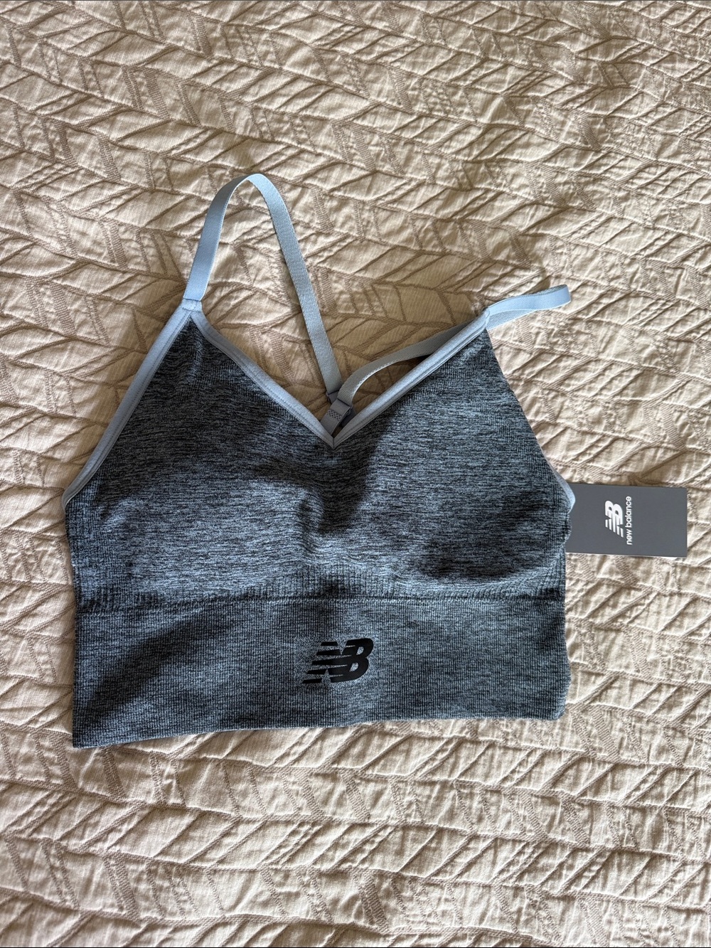 New Balance Women's Heather Gray Seamless Sports Bra with Light Gray Straps